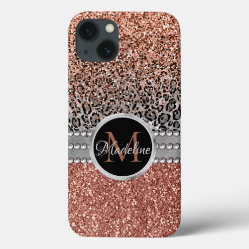 Stylish Girly Rose Gold Glitter Leopard  Monogram iPhone 13 Case