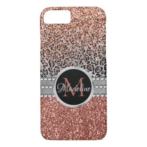 Stylish Girly Rose Gold Glitter Leopard  Monogram iPhone 87 Case