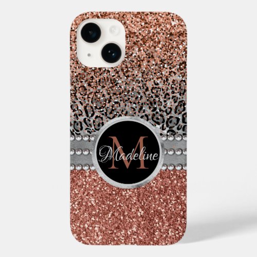 Stylish Girly Rose Gold Glitter Leopard Monogram Case_Mate iPhone 14 Case