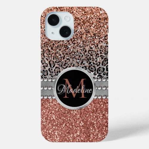 Stylish Girly Rose Gold Glitter Leopard  Monogram iPhone 15 Case