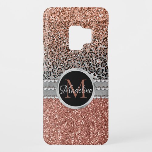 Stylish Girly Rose Gold Glitter Leopard  Monogram Case_Mate Samsung Galaxy S9 Case