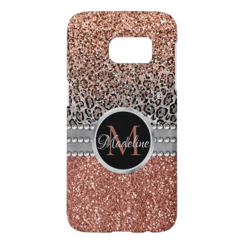 Stylish Girly Rose Gold Glitter Leopard  Monogram Samsung Galaxy S7 Case