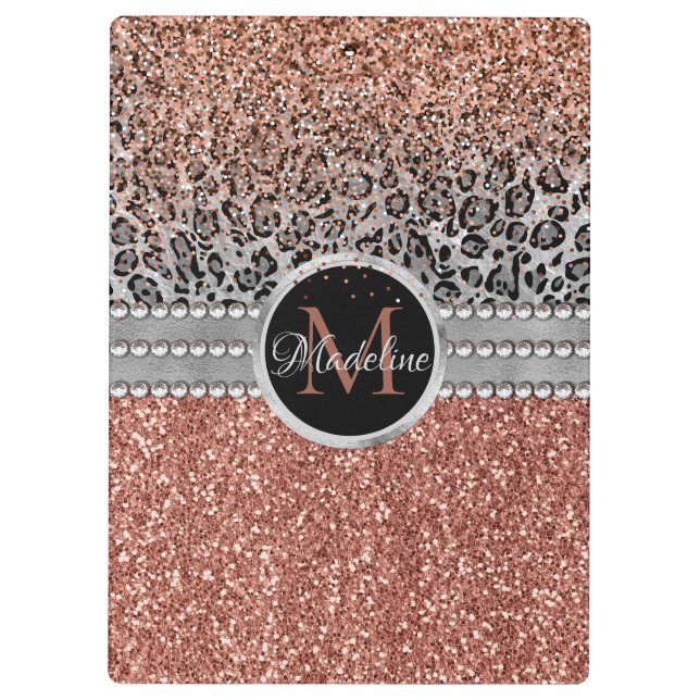 Stylish Girly Rose Gold Glitter Leopard Monogram Clipboard (Back)