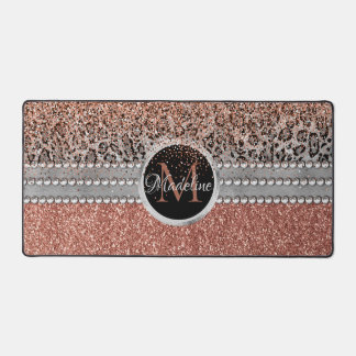 Stylish Girly Rose Gold Glitter Leopard Monogram Desk Mat