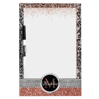 Stylish Girly Rose Gold Glitter Leopard Monogram Dry Erase Board