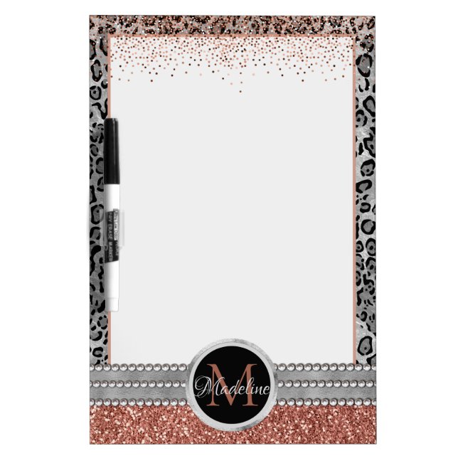 Stylish Girly Rose Gold Glitter Leopard Monogram Dry Erase Board (Front)