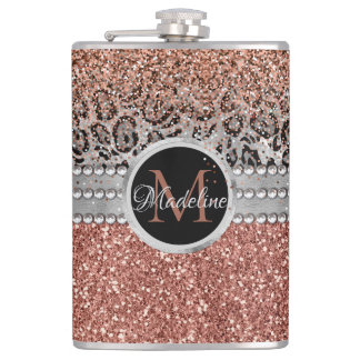 Stylish Girly Rose Gold Glitter Leopard Monogram Flask