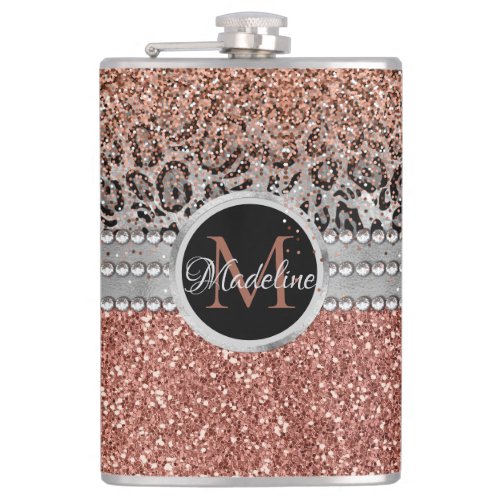 Stylish Girly Rose Gold Glitter Leopard Monogram Flask