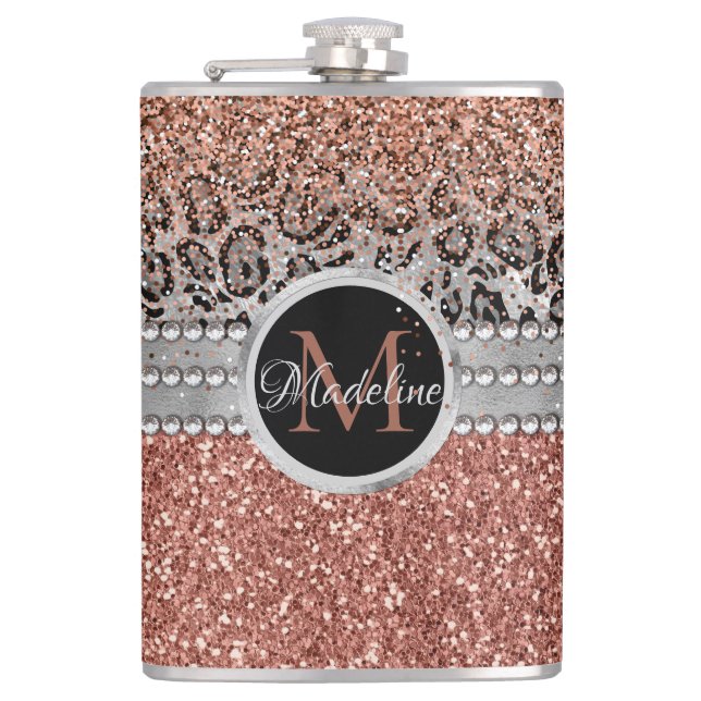 Stylish Girly Rose Gold Glitter Leopard Monogram Flask (Front)
