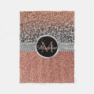 Stylish Girly Rose Gold Glitter Leopard Monogram Fleece Blanket