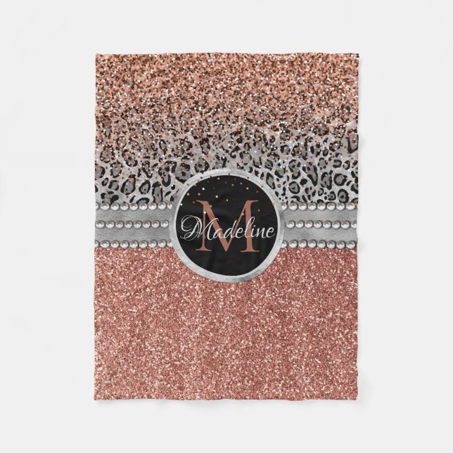 Stylish Girly Rose Gold Glitter Leopard Monogram Fleece Blanket (Front)