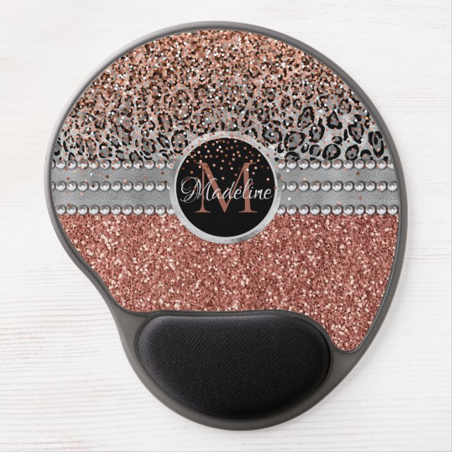 Stylish Girly Rose Gold Glitter Leopard Monogram Gel Mouse Pad (Front)