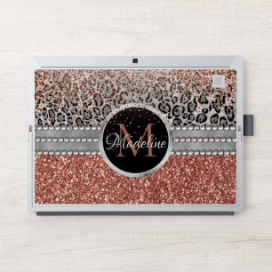 Stylish Girly Rose Gold Glitter Leopard Monogram HP Laptop Skin