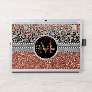 Stylish Girly Rose Gold Glitter Leopard Monogram HP Laptop Skin