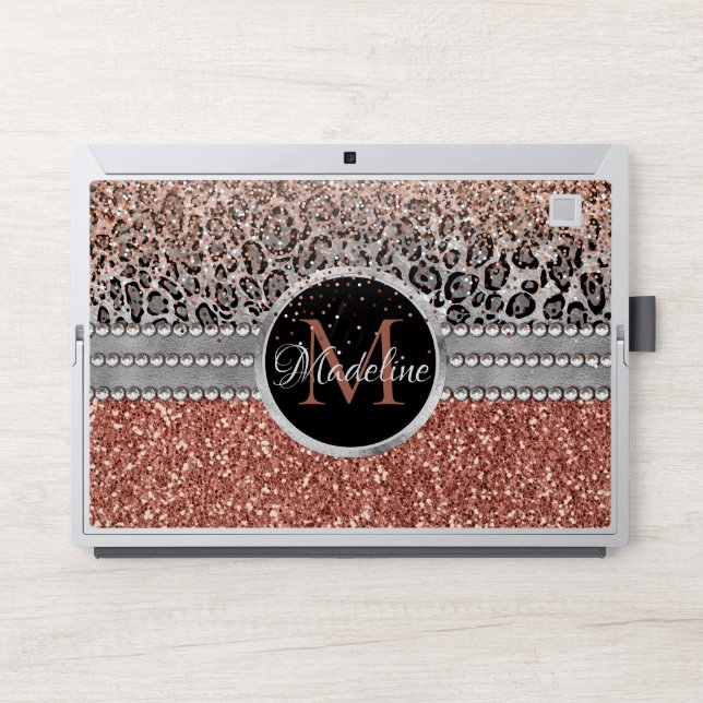 Stylish Girly Rose Gold Glitter Leopard Monogram HP Laptop Skin (Front)
