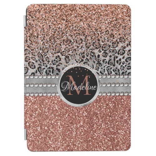 Stylish Girly Rose Gold Glitter Leopard Monogram iPad Air Cover