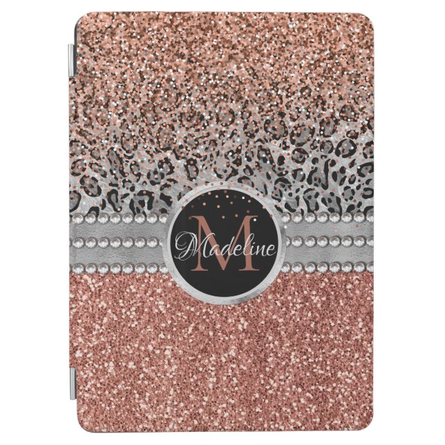 Stylish Girly Rose Gold Glitter Leopard Monogram iPad Air Cover (Front)