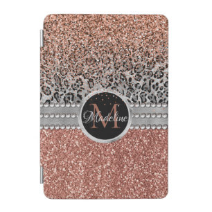 Stylish Girly Rose Gold Glitter Leopard Monogram iPad Mini Cover