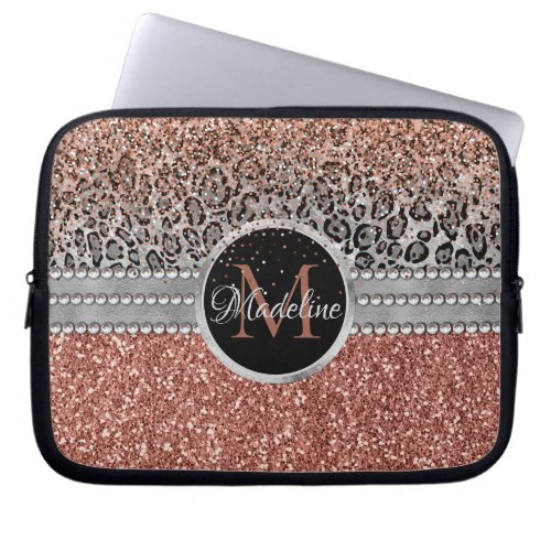 Stylish Girly Rose Gold Glitter Leopard Monogram Laptop Sleeve