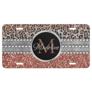 Stylish Girly Rose Gold Glitter Leopard Monogram License Plate