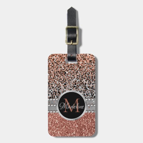 Stylish Girly Rose Gold Glitter Leopard  Monogram Luggage Tag