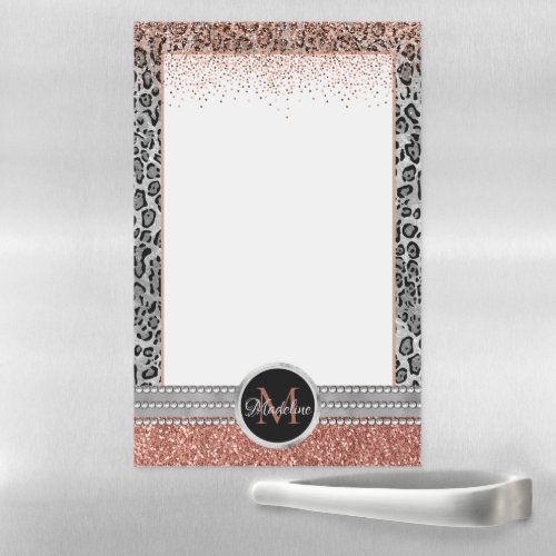 Stylish Girly Rose Gold Glitter Leopard Monogram Magnetic Dry Erase Sheet