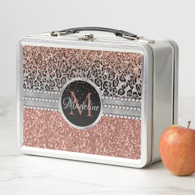 Stylish Girly Rose Gold Glitter Leopard Monogram Metal Lunch Box (In Situ)