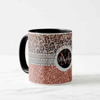 Stylish Girly Rose Gold Glitter Leopard  Monogram  Mug