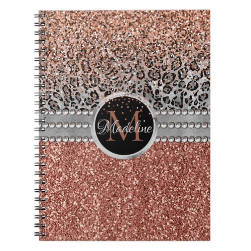 Stylish Girly Rose Gold Glitter Leopard Monogram Notebook