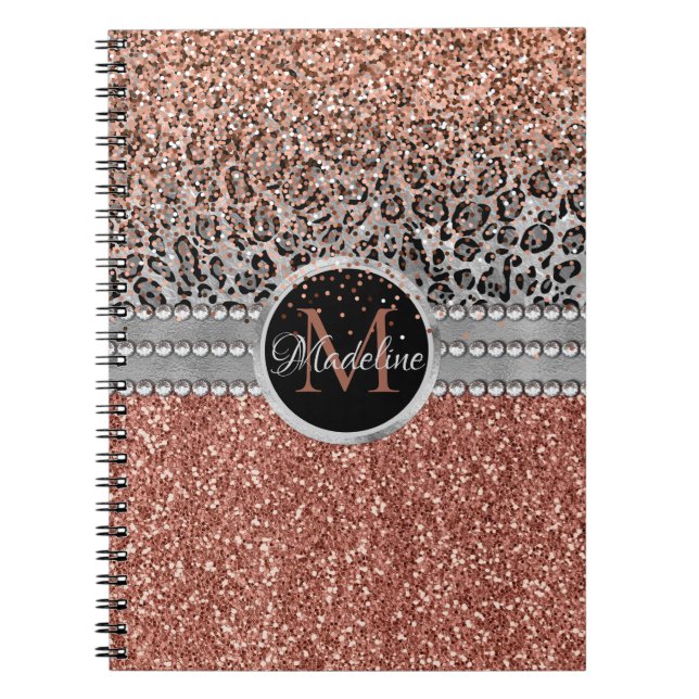Stylish Girly Rose Gold Glitter Leopard Monogram Notebook (Front)