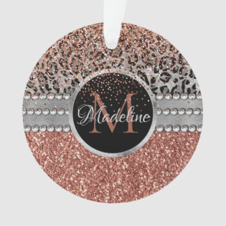 Stylish Girly Rose Gold Glitter Leopard Monogram Ornament