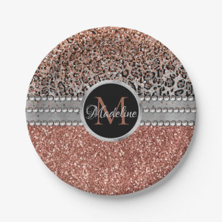 Stylish Girly Rose Gold Glitter Leopard  Monogram Paper Plates