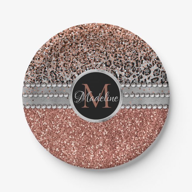Stylish Girly Rose Gold Glitter Leopard  Monogram Paper Plates (Front)