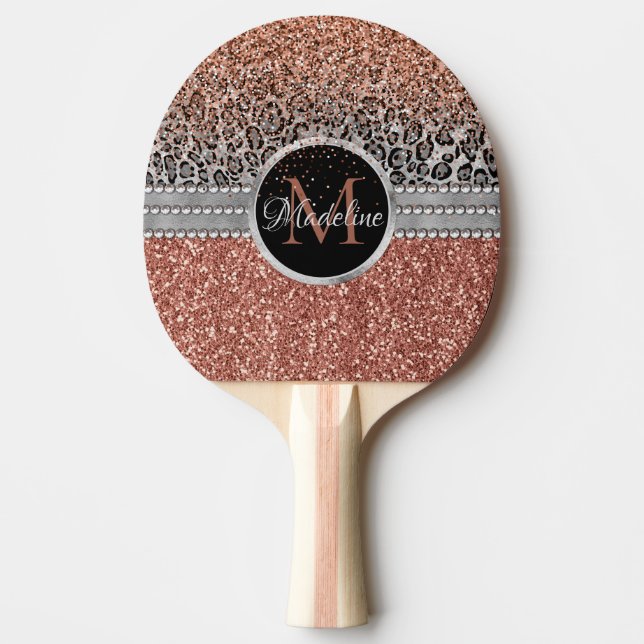Stylish Girly Rose Gold Glitter Leopard Monogram Ping Pong Paddle (Front)