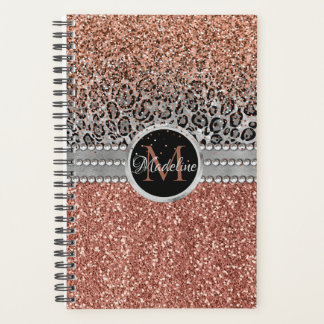 Stylish Girly Rose Gold Glitter Leopard Monogram Planner