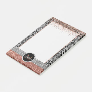 Stylish Girly Rose Gold Glitter Leopard Monogram Post-it Notes