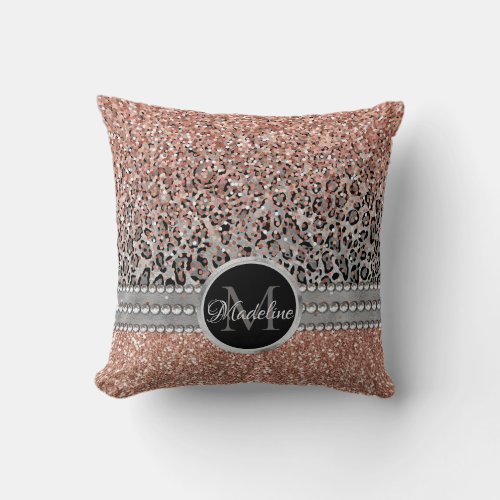 Stylish Girly Rose Gold Glitter Leopard  Monogram Throw Pillow