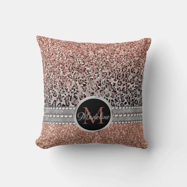 Stylish Girly Rose Gold Glitter Leopard  Monogram Throw Pillow (Front)