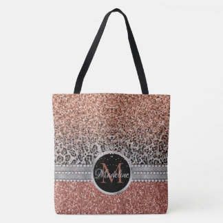 Stylish Girly Rose Gold Glitter Leopard Monogram Tote Bag