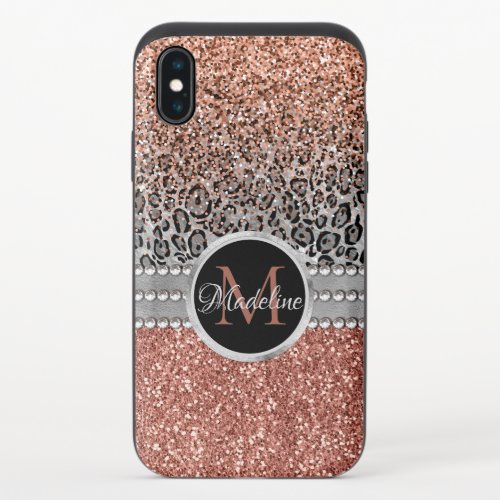 Stylish Girly Rose Gold Glitter Leopard Monogram iPhone X Slider Case