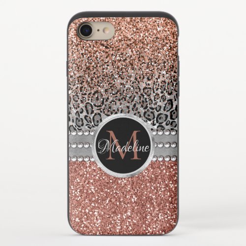 Stylish Girly Rose Gold Glitter Leopard Monogram iPhone 87 Slider Case