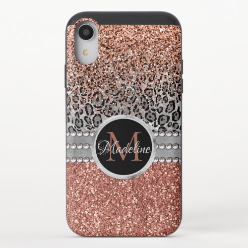 Stylish Girly Rose Gold Glitter Leopard Monogram iPhone XR Slider Case