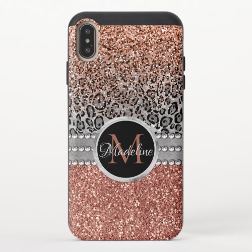 Stylish Girly Rose Gold Glitter Leopard Monogram iPhone XS Max Slider Case