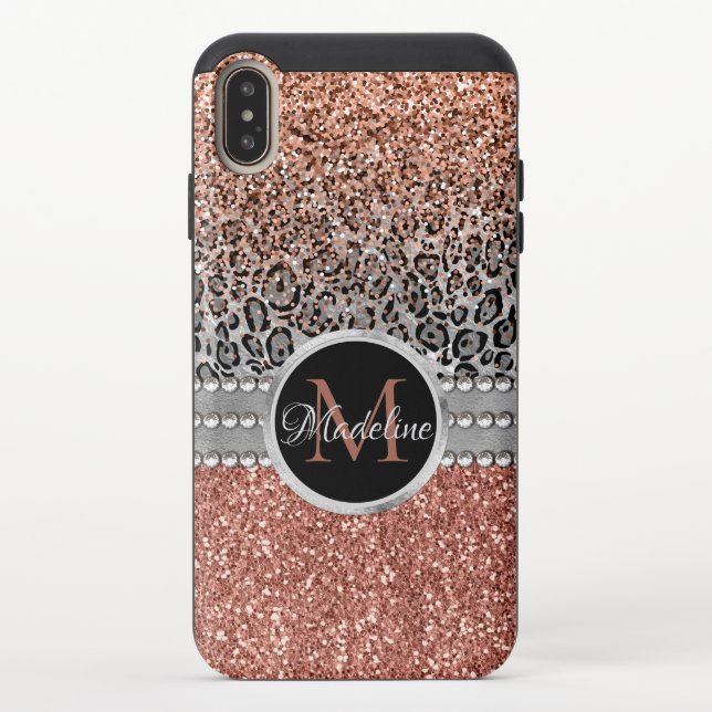Stylish Girly Rose Gold Glitter Leopard Monogram Uncommon iPhone Case (Back)