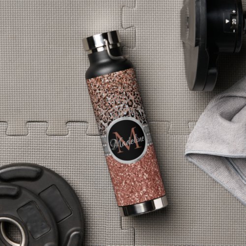 Stylish Girly Rose Gold Glitter Leopard Monogram Water Bottle