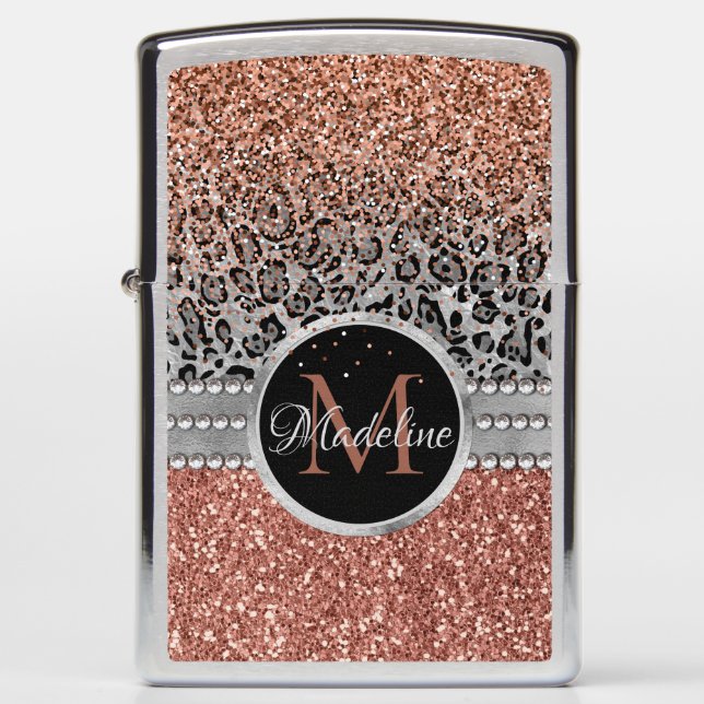 Stylish Girly Rose Gold Glitter Leopard Monogram Zippo Lighter (Front)