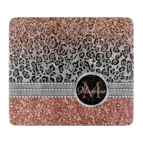 Stylish Girly Rose Gold Glitter Leopard Name Cutting Board