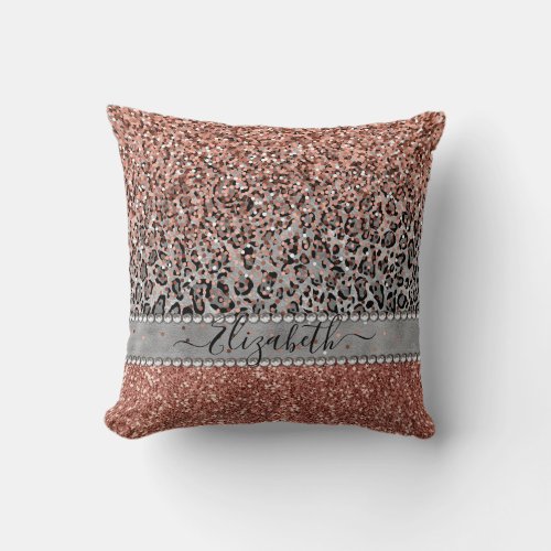 Stylish Girly Rose Gold Glitter Leopard  Name Throw Pillow