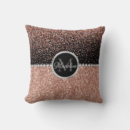 Stylish Girly Rose Gold Glitter Rhinestone Black Throw Pillow