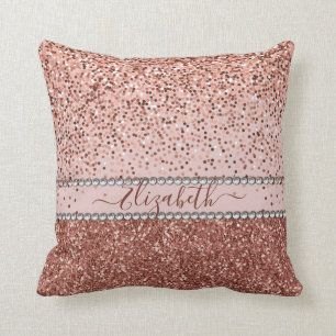 Stylish Girly Rose Gold Glitter Rhinestone Name Throw Pillow